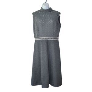 Vintage 60's 70's 2 pc Fit Flare Sleeveless Dress Cardigan Sz L Gray White